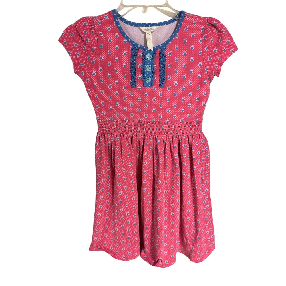Matilda Jane Girls Pink Blue Apple‎ Polka Dot Ruffle Smocked Dress Size 10